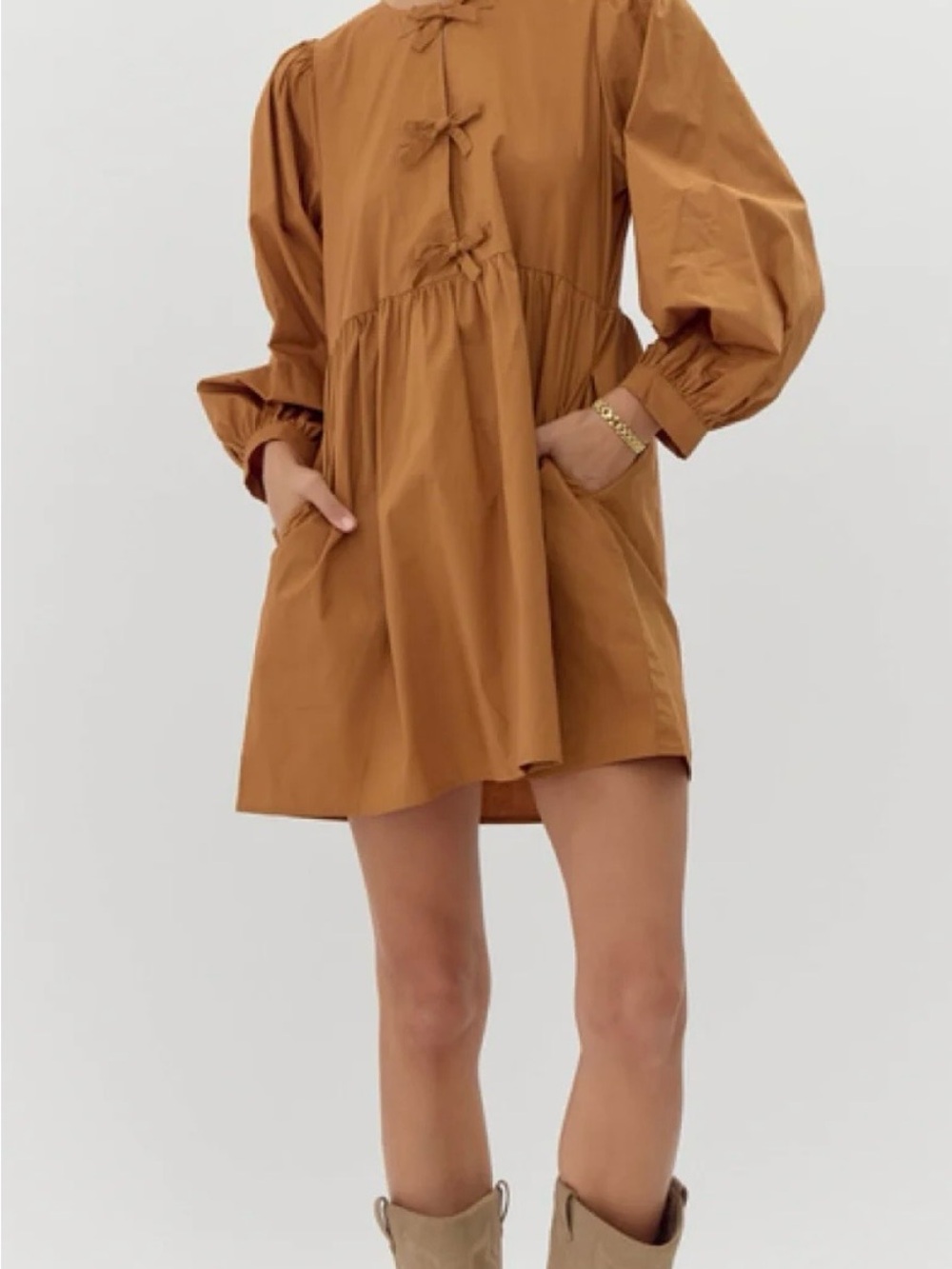 JODIFL Toffees Mini Dress with Puff Long Sleeves and Tie Front 100% Cotton